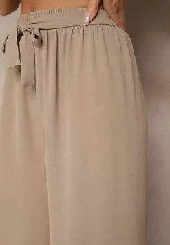 Ciemnobeżowe Szerokie Spodnie High Waist z Wiązaniem w Talii Reivaritta