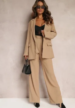 Ciemnobeżowe Szerokie Spodnie z Zapięciem na Haczyk Brutris