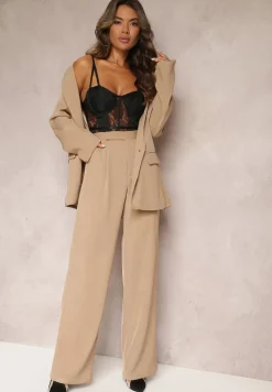 Ciemnobeżowe Szerokie Spodnie z Zapięciem na Haczyk Brutris