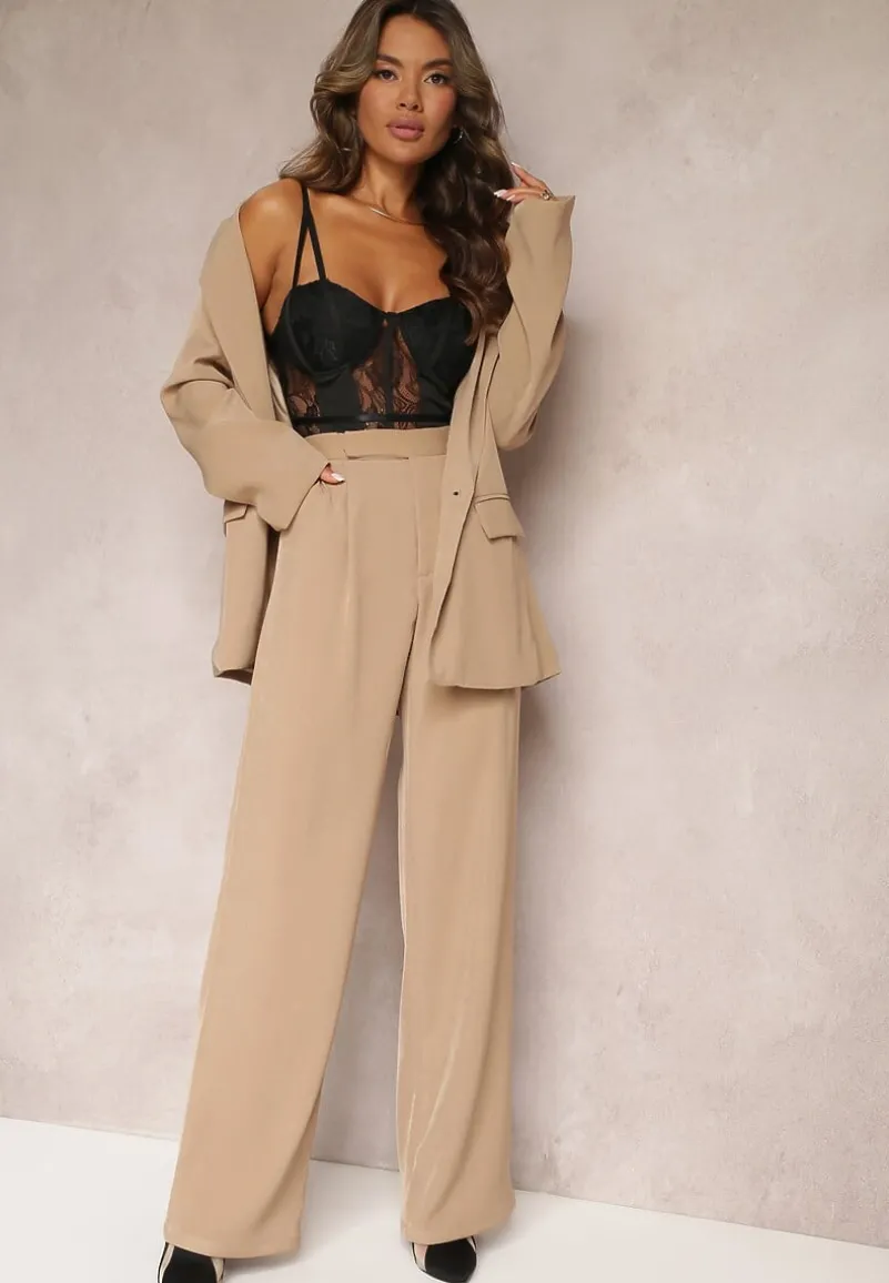 Ciemnobeżowe Szerokie Spodnie z Zapięciem na Haczyk Brutris