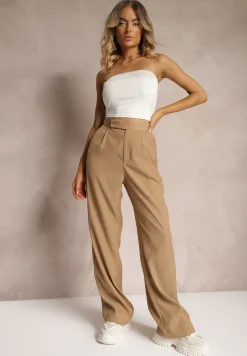 Ciemnobeżowe Szerokie Spodnie z Zapięciem na Haczyk Brutris