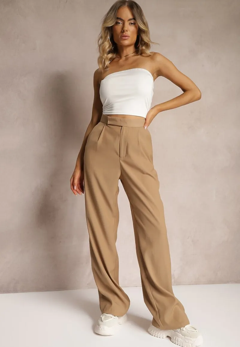 Ciemnobeżowe Szerokie Spodnie z Zapięciem na Haczyk Brutris