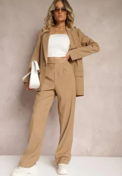 Ciemnobeżowe Szerokie Spodnie z Zapięciem na Haczyk Brutris
