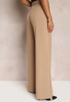 Ciemnobeżowe Szerokie Spodnie z Zapięciem na Haczyk Brutris