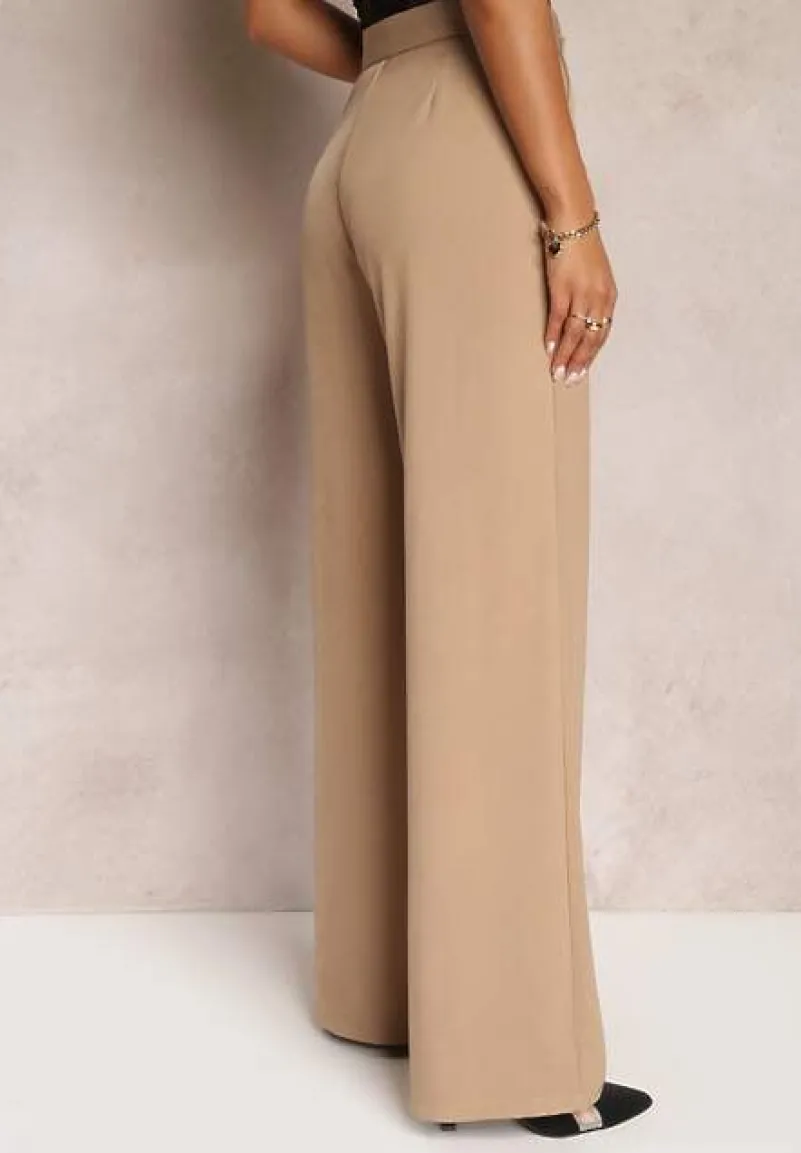 Ciemnobeżowe Szerokie Spodnie z Zapięciem na Haczyk Brutris