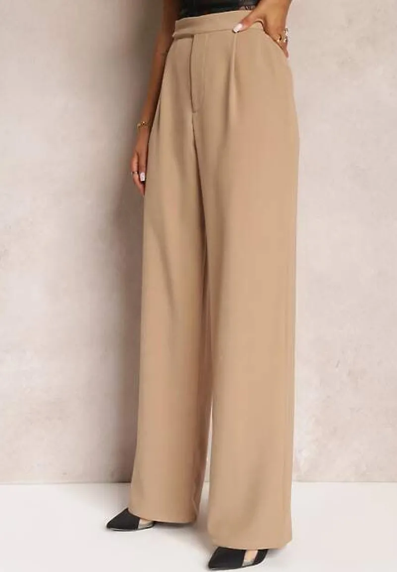 Ciemnobeżowe Szerokie Spodnie z Zapięciem na Haczyk Brutris