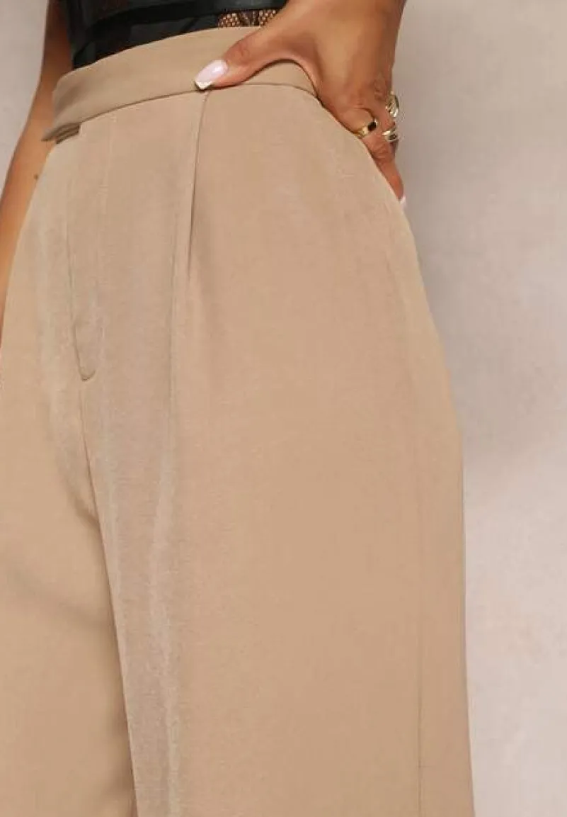 Ciemnobeżowe Szerokie Spodnie z Zapięciem na Haczyk Brutris