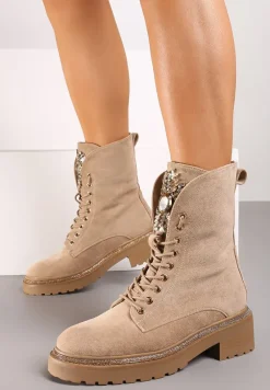 Ciemnobeżowe Sznurowane Botki Traperki z Kryształkami i Lamówką z Cyrkonii Zetirra