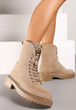 Ciemnobeżowe Sznurowane Botki Traperki z Kryształkami i Lamówką z Cyrkonii Zetirra