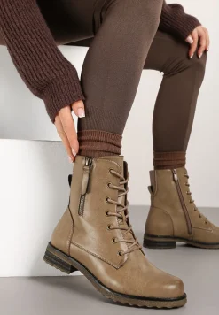 Ciemnobeżowe Sznurowane Botki Workery na Płaskiej Podeszwie Ozdobione Suwakiem Tarinda