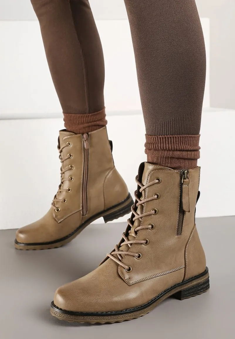 Ciemnobeżowe Sznurowane Botki Workery na Płaskiej Podeszwie Ozdobione Suwakiem Tarinda