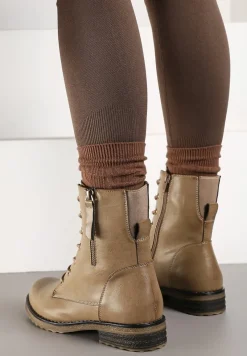 Ciemnobeżowe Sznurowane Botki Workery na Płaskiej Podeszwie Ozdobione Suwakiem Tarinda