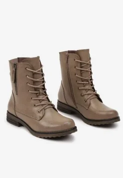 Ciemnobeżowe Sznurowane Botki Workery na Płaskiej Podeszwie Ozdobione Suwakiem Tarinda