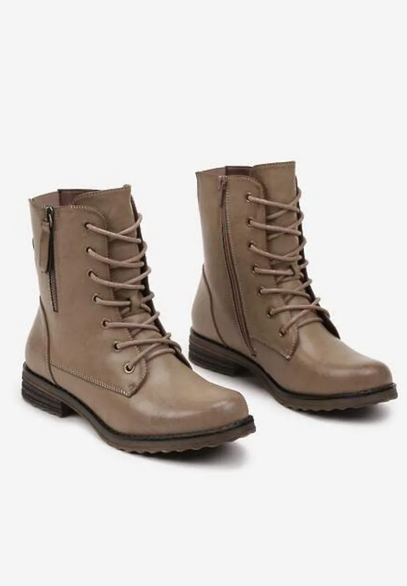 Ciemnobeżowe Sznurowane Botki Workery na Płaskiej Podeszwie Ozdobione Suwakiem Tarinda