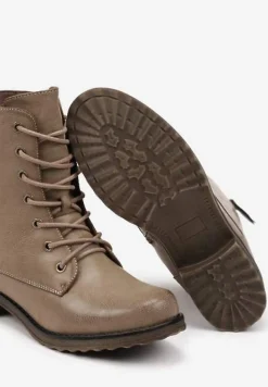 Ciemnobeżowe Sznurowane Botki Workery na Płaskiej Podeszwie Ozdobione Suwakiem Tarinda