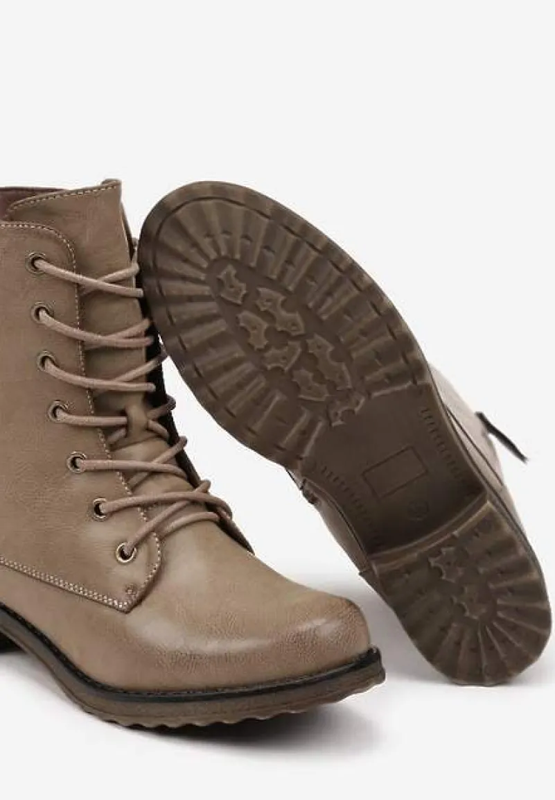 Ciemnobeżowe Sznurowane Botki Workery na Płaskiej Podeszwie Ozdobione Suwakiem Tarinda