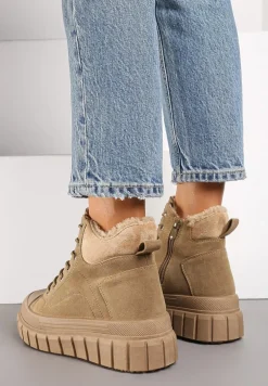 Ciemnobeżowe Sznurowane Botki Vices na Platformie Ozdobionej Tłoczeniem Savalirae