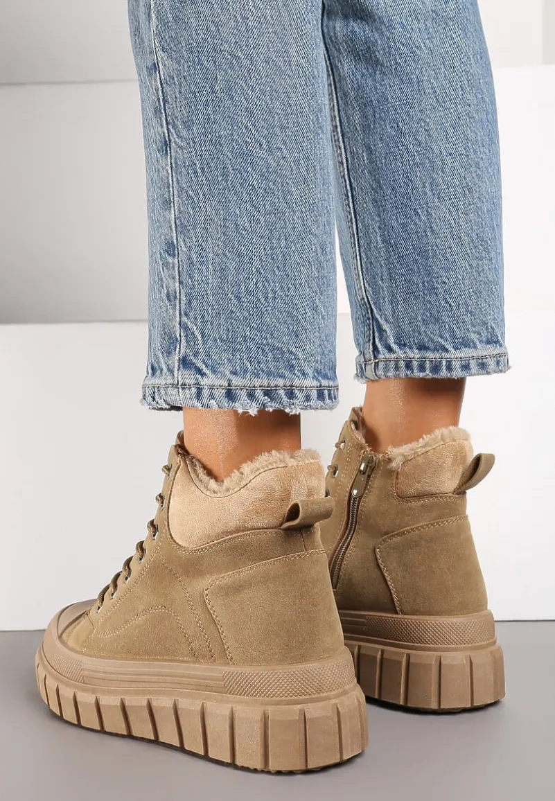 Ciemnobeżowe Sznurowane Botki Vices na Platformie Ozdobionej Tłoczeniem Savalirae