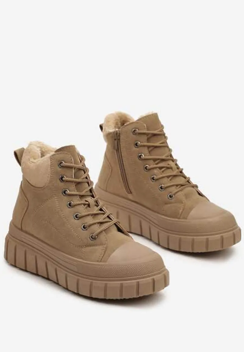 Ciemnobeżowe Sznurowane Botki Vices na Platformie Ozdobionej Tłoczeniem Savalirae