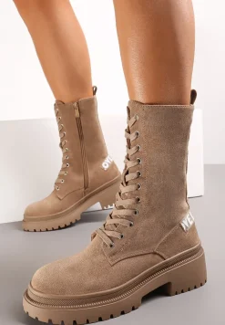 Ciemnobeżowe Sznurowane Botki na Płaskiej Podeszwie do Połowy Łydki z Imitacji Zamszu Sumeir