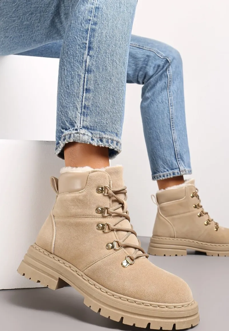 Ciemnobeżowe Sznurowane Botki w Stylu Traperów z Mocnym Ociepleniem Taleisha