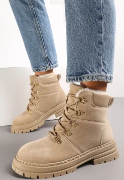 Ciemnobeżowe Sznurowane Botki w Stylu Traperów z Mocnym Ociepleniem Taleisha