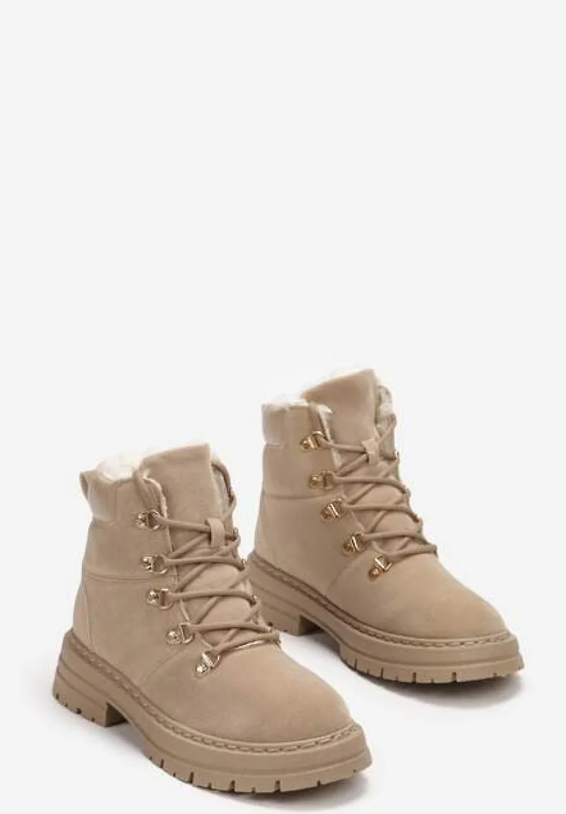Ciemnobeżowe Sznurowane Botki w Stylu Traperów z Mocnym Ociepleniem Taleisha