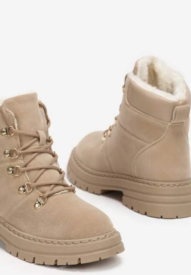 Ciemnobeżowe Sznurowane Botki w Stylu Traperów z Mocnym Ociepleniem Taleisha