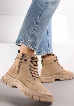 Ciemnobeżowe Sznurowane Botki Traperki na Grubej Podeszwie Trewenna