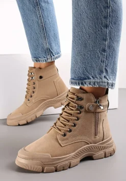 Ciemnobeżowe Sznurowane Botki Traperki na Grubej Podeszwie Trewenna