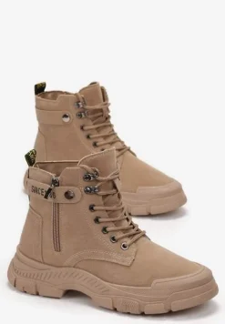 Ciemnobeżowe Sznurowane Botki Traperki na Grubej Podeszwie Trewenna
