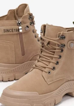 Ciemnobeżowe Sznurowane Botki Traperki na Grubej Podeszwie Trewenna