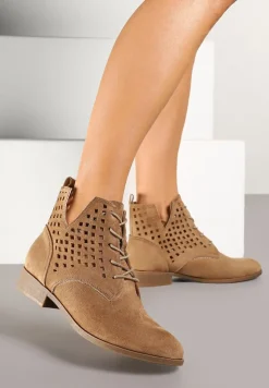 Ciemnobeżowe Sznurowane Botki Vices ze Skórzaną Wkładką i Ażurową Cholewką za Kostkę i Wycięciem Tlixa