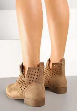 Ciemnobeżowe Sznurowane Botki Vices ze Skórzaną Wkładką i Ażurową Cholewką za Kostkę i Wycięciem Tlixa