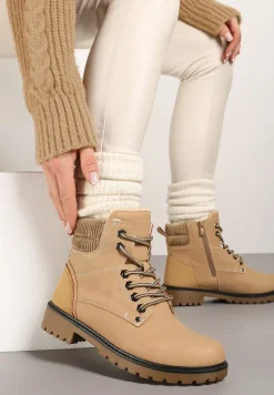 Ciemnobeżowe Sznurowane Casualowe Traperki na Płaskiej Podeszwie Relobia