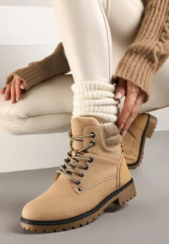 Ciemnobeżowe Sznurowane Casualowe Traperki na Płaskiej Podeszwie Relobia