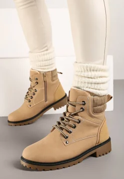 Ciemnobeżowe Sznurowane Casualowe Traperki na Płaskiej Podeszwie Relobia