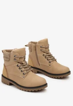 Ciemnobeżowe Sznurowane Casualowe Traperki na Płaskiej Podeszwie Relobia