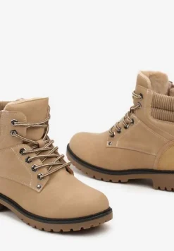 Ciemnobeżowe Sznurowane Casualowe Traperki na Płaskiej Podeszwie Relobia