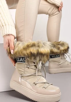 Ciemnobeżowe Sznurowane Śniegowce na Platformie z Ozdobnym Futerkiem i Napisem Bressi