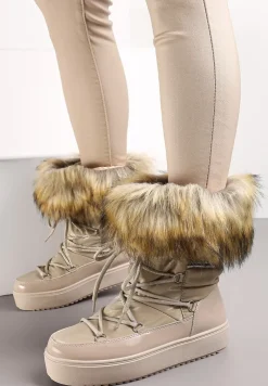 Ciemnobeżowe Sznurowane Śniegowce na Platformie z Ozdobnym Futerkiem i Napisem Bressi