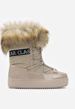 Ciemnobeżowe Sznurowane Śniegowce na Platformie z Ozdobnym Futerkiem i Napisem Bressi