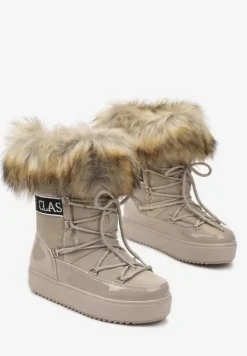 Ciemnobeżowe Sznurowane Śniegowce na Platformie z Ozdobnym Futerkiem i Napisem Bressi