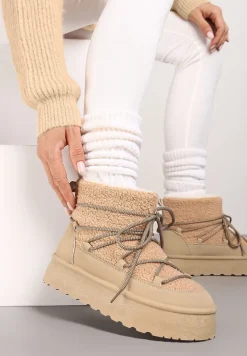 Ciemnobeżowe Sznurowane Śniegowce na Platformie Ozdobione Futerkiem w Stylu Baranka Miathalie