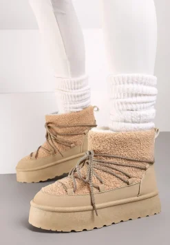 Ciemnobeżowe Sznurowane Śniegowce na Platformie Ozdobione Futerkiem w Stylu Baranka Miathalie