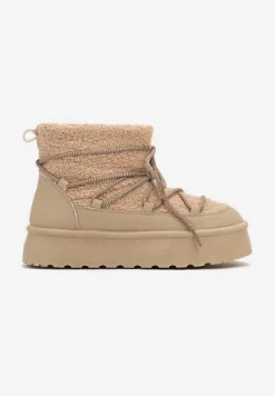 Ciemnobeżowe Sznurowane Śniegowce na Platformie Ozdobione Futerkiem w Stylu Baranka Miathalie