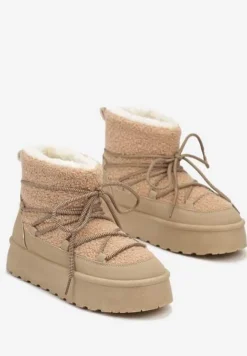 Ciemnobeżowe Sznurowane Śniegowce na Platformie Ozdobione Futerkiem w Stylu Baranka Miathalie