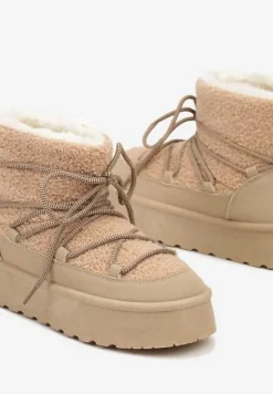 Ciemnobeżowe Sznurowane Śniegowce na Platformie Ozdobione Futerkiem w Stylu Baranka Miathalie
