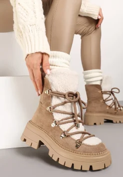 Ciemnobeżowe Sznurowane Śniegowce na Platformie z Ociepleniem Innathiel