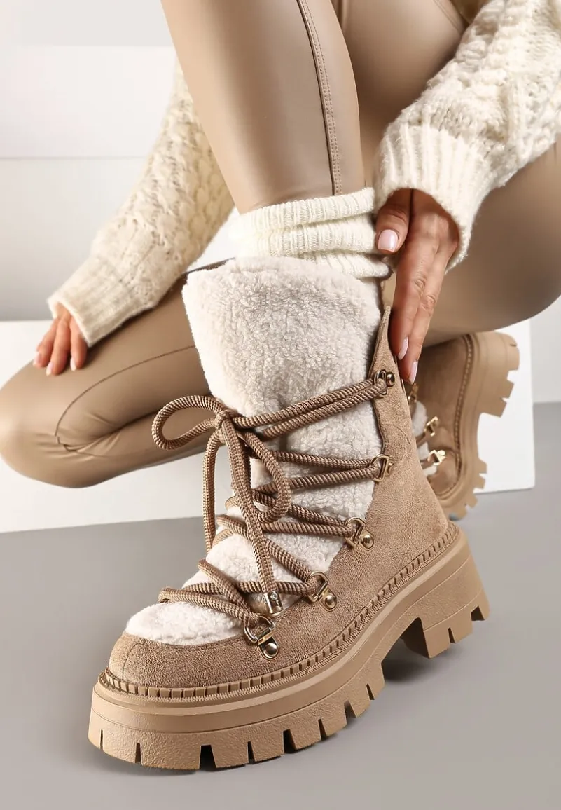 Ciemnobeżowe Sznurowane Śniegowce na Platformie z Ociepleniem Innathiel